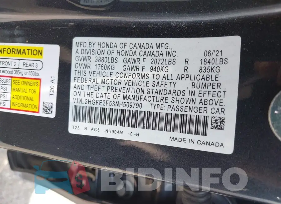 2HGFE2F53NH509790 Photo# 9