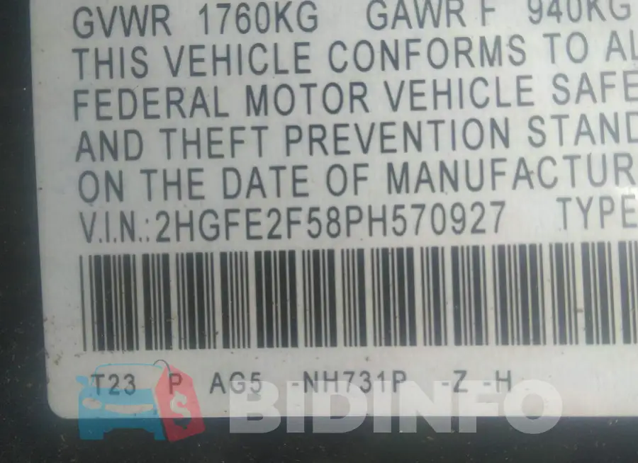2HGFE2F58PH570927 Photo# 9
