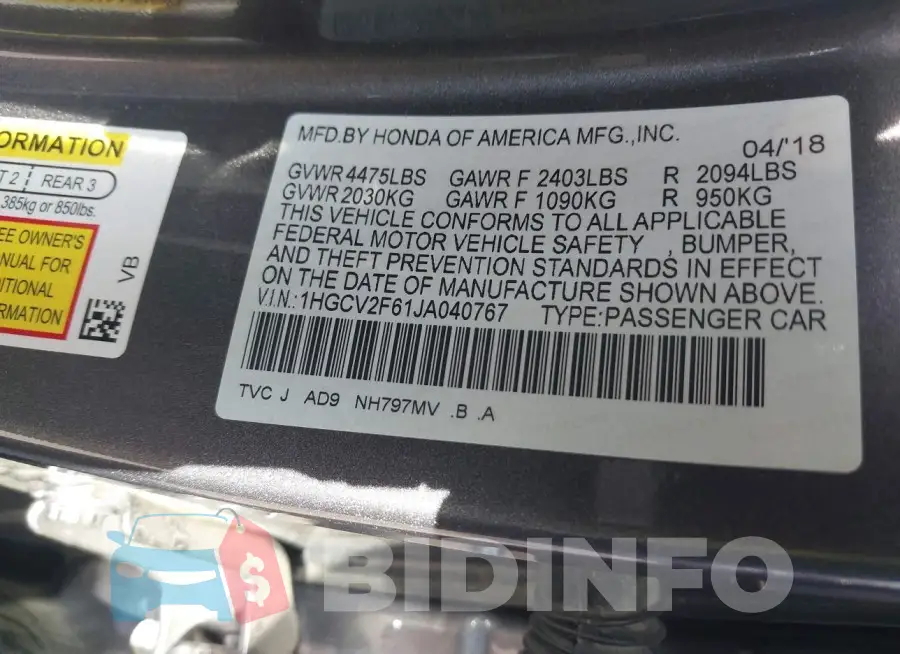 1HGCV2F61JA040767 Photo# 9