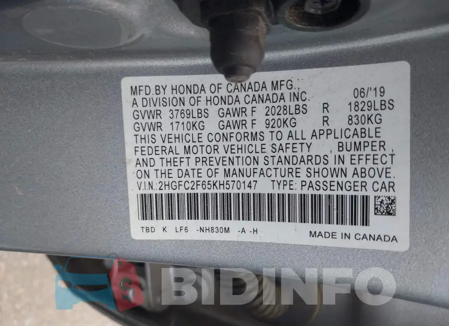 2HGFC2F65KH570147 Photo# 9