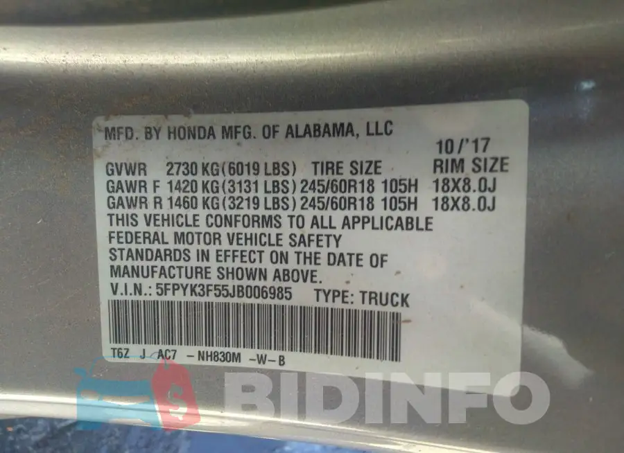 5FPYK3F55JB006985 Photo# 9