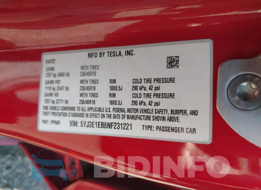 5YJ3E1EB8NF231221 Photo# 9