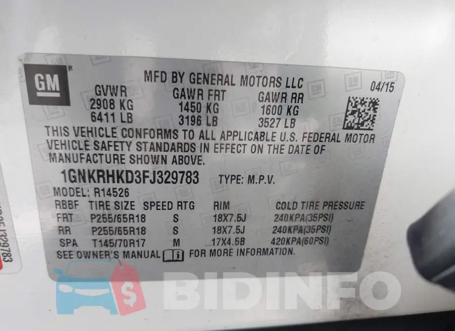 1GNKRHKD3FJ329783 Photo# 9