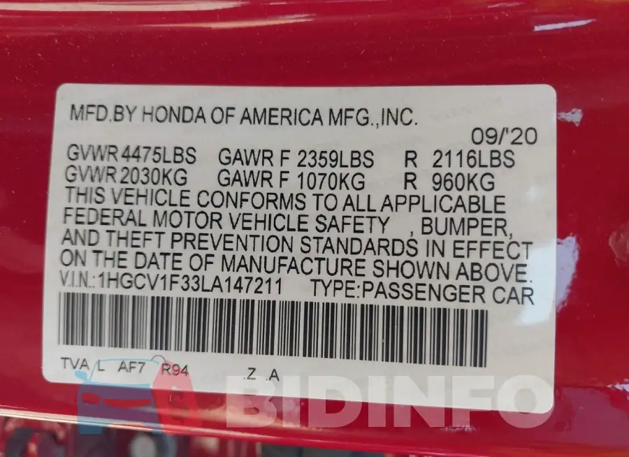 1HGCV1F33LA147211 Photo# 9