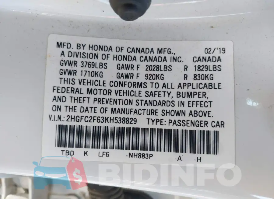 2HGFC2F63KH538829 Photo# 9