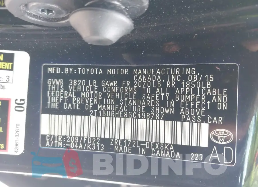2T1BURHE8GC498787 Photo# 9