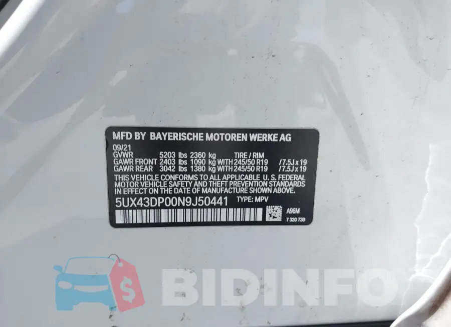 5UX43DP00N9J50441 Photo# 9