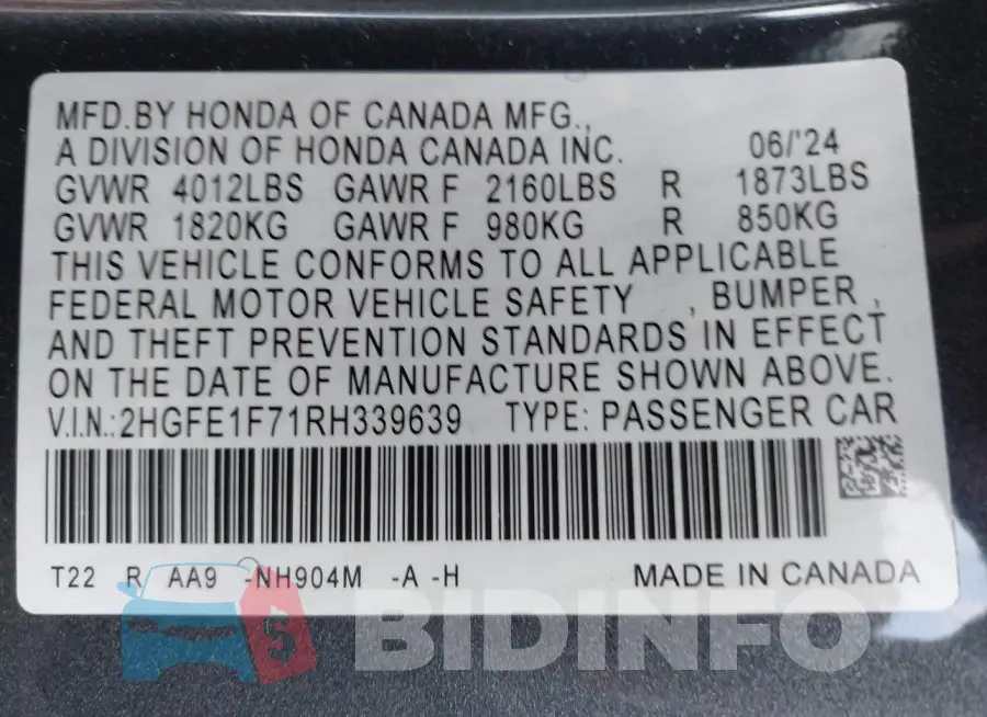 2HGFE1F71RH339639 Photo# 9