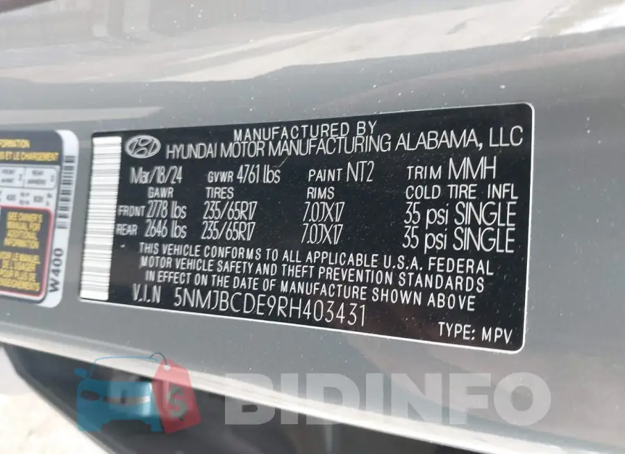 5NMJBCDE9RH403431 Photo# 9