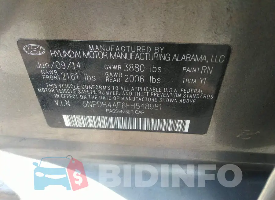 5NPDH4AE6FH548981 Photo# 9