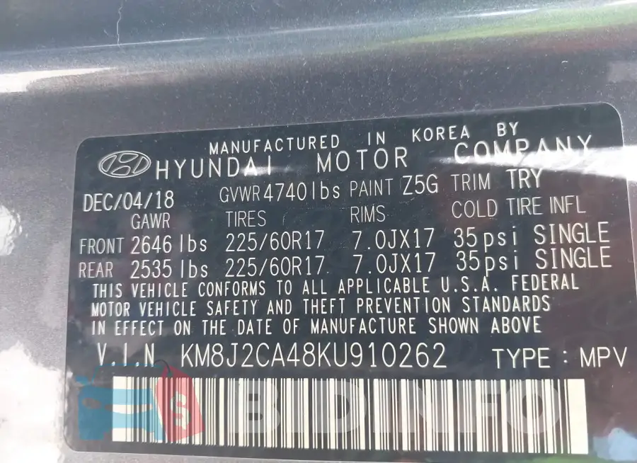 KM8J2CA48KU910262 Photo# 9