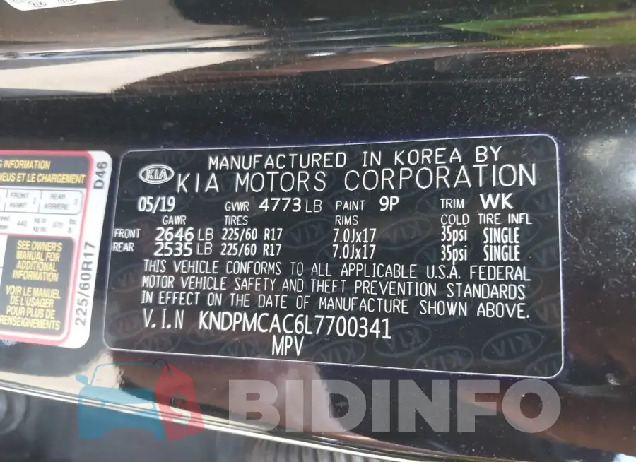 KNDPMCAC6L7700341 Photo# 9