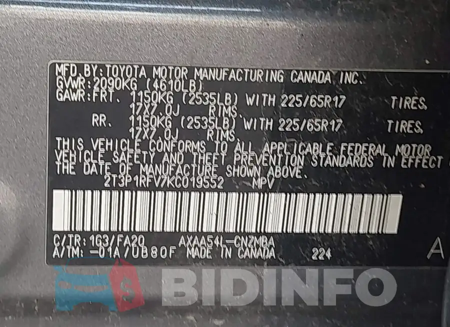 2T3P1RFV7KC019552 Photo# 9
