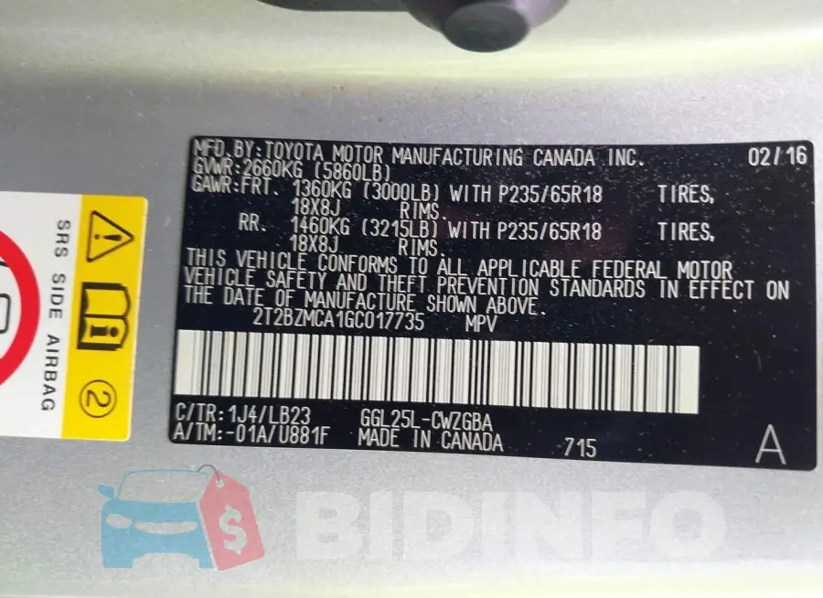 2T2BZMCA1GC017735 Photo# 9