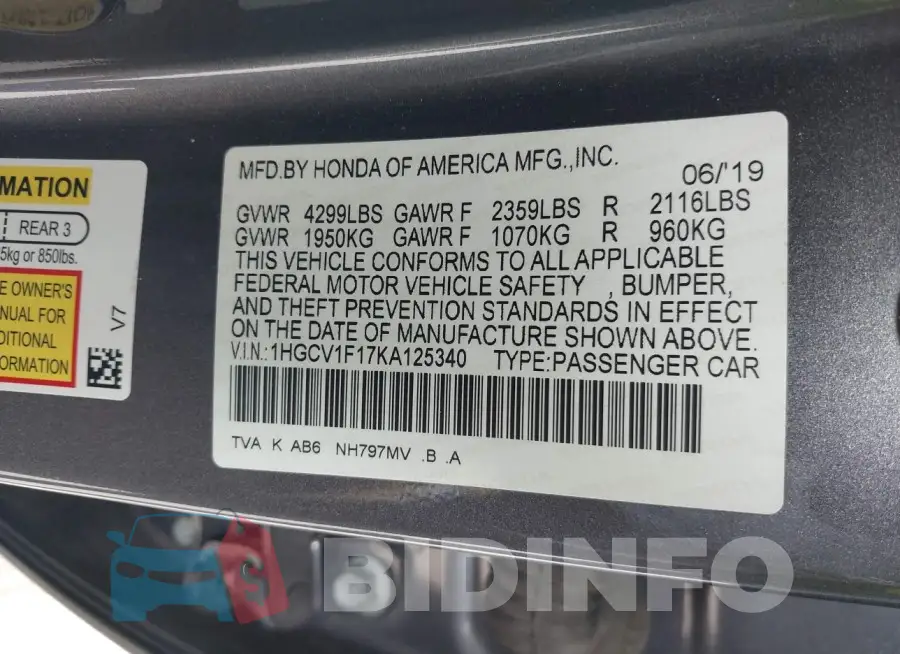 1HGCV1F17KA125340 Photo# 9
