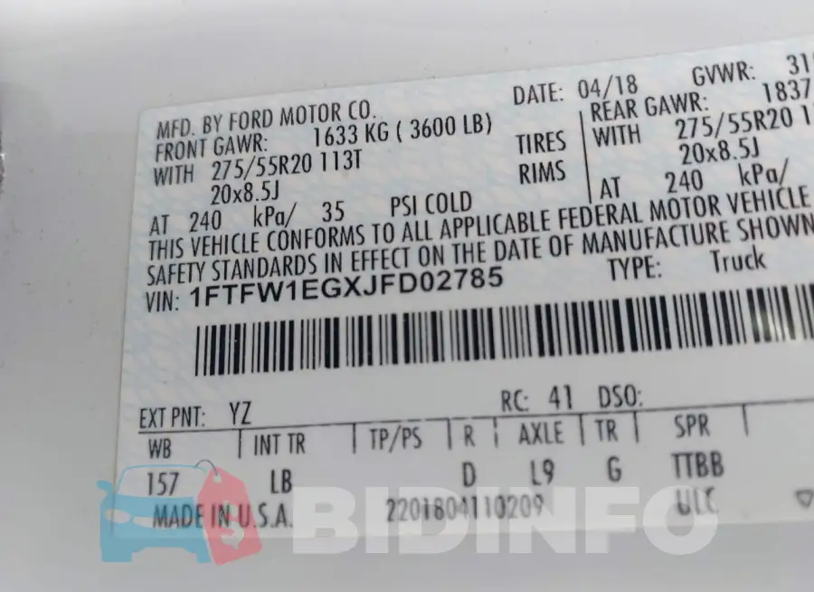 1FTFW1EGXJFD02785 Photo# 9