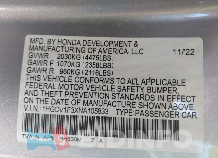 1HGCV1F3XNA105833 Photo# 9