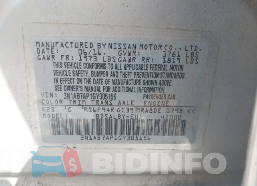 3N1AB7AP1GY305156 Photo# 9