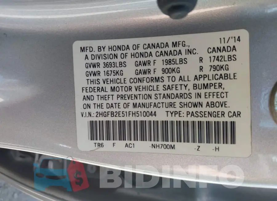 2HGFB2E51FH510044 Photo# 9