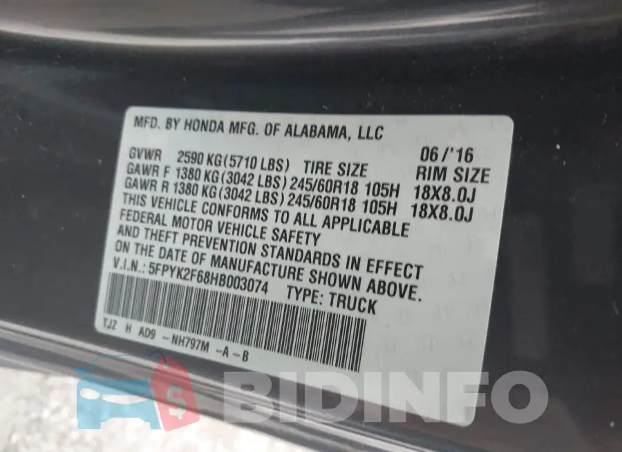 5FPYK2F68HB003074 Photo# 9