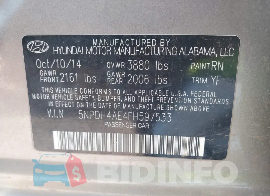 5NPDH4AE4FH597533 Photo# 9