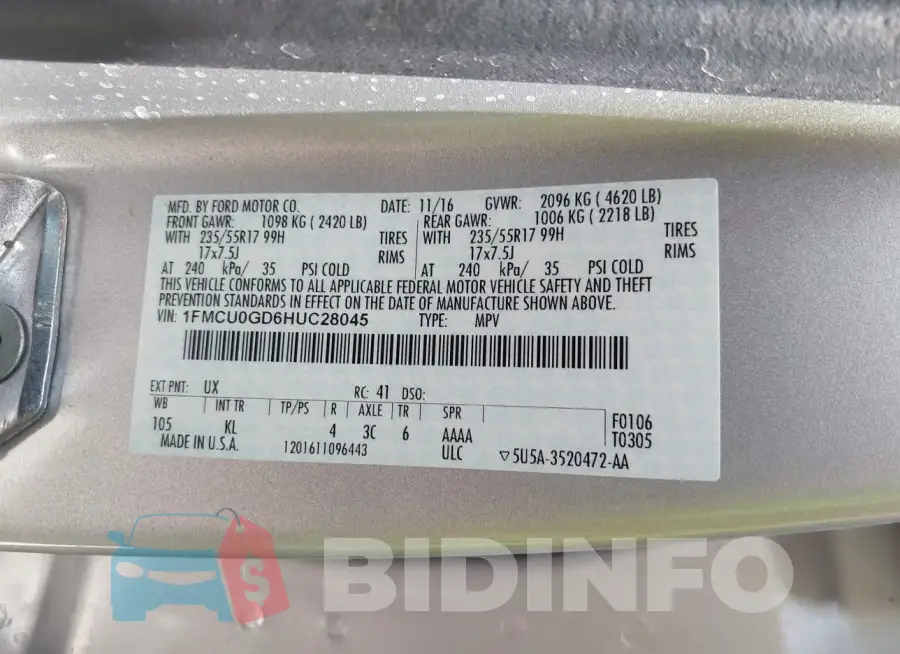 1FMCU0GD6HUC28045 Photo# 9