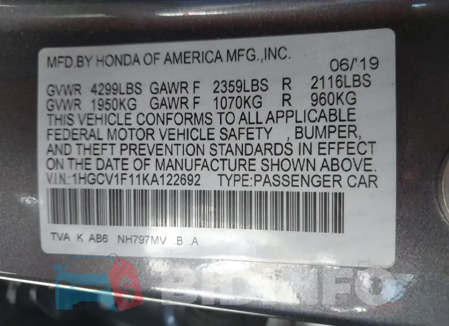 1HGCV1F11KA122692 Photo# 9