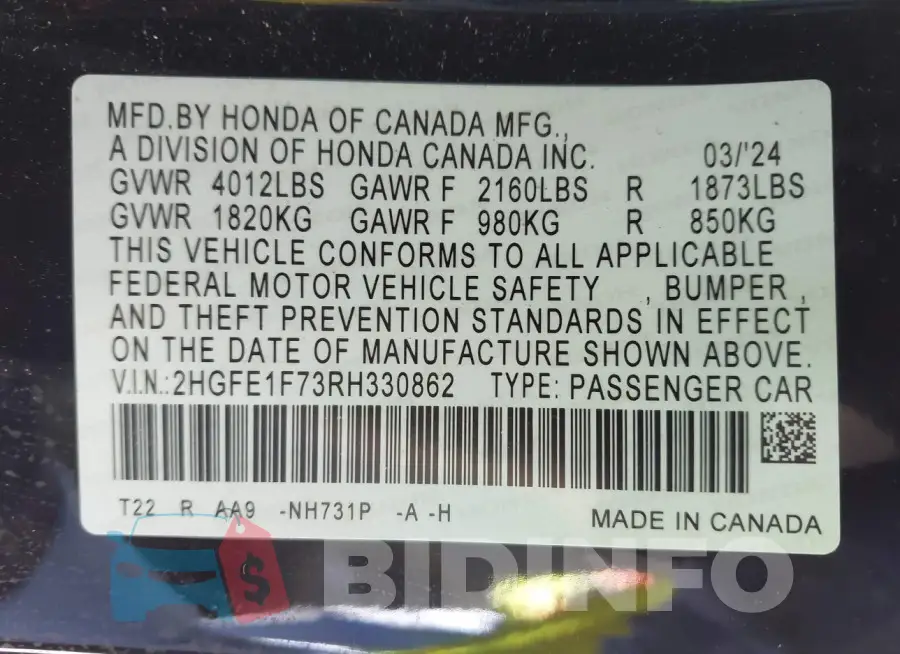 2HGFE1F73RH330862 Photo# 9