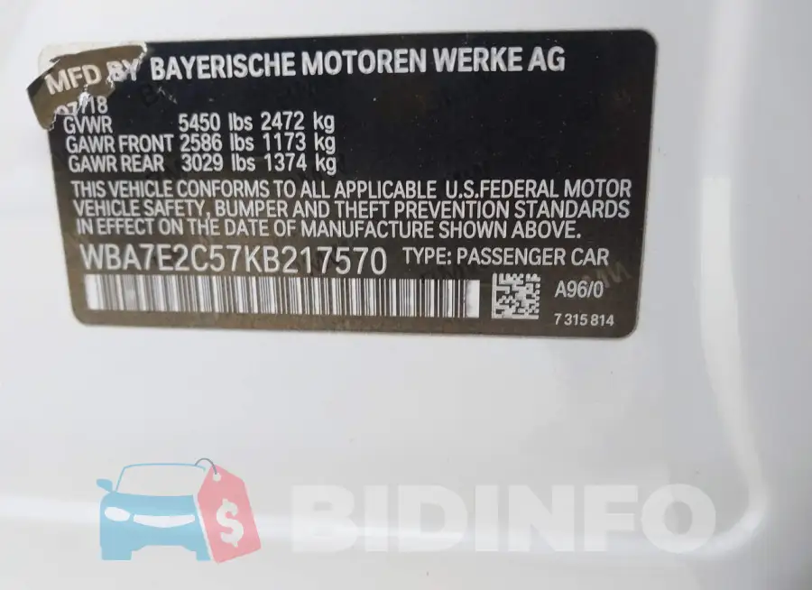 WBA7E2C57KB217570 Photo# 9