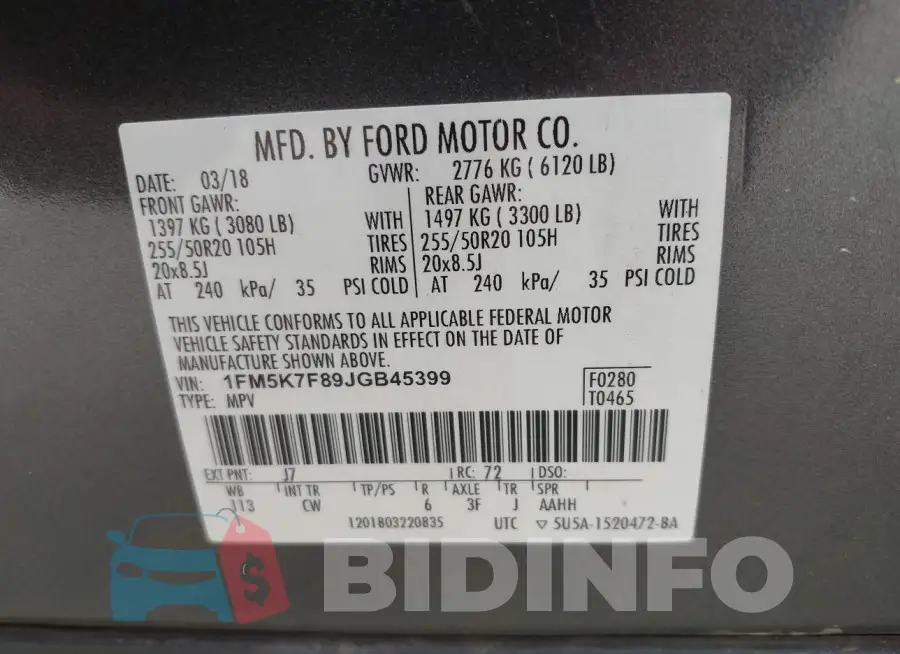 1FM5K7F89JGB45399 Photo# 9