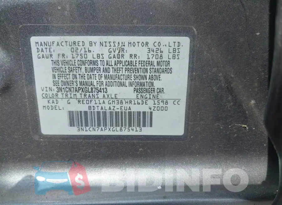 3N1CN7APXGL875413 Photo# 9