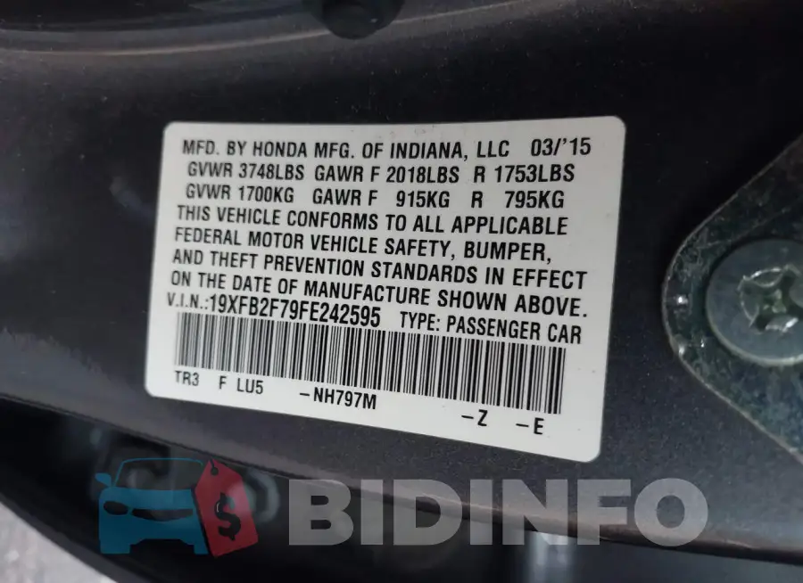 19XFB2F79FE242595 Photo# 9