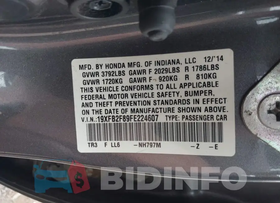 19XFB2F89FE224607 Photo# 9