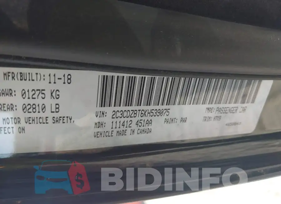 2C3CDZBT6KH539075 Photo# 9