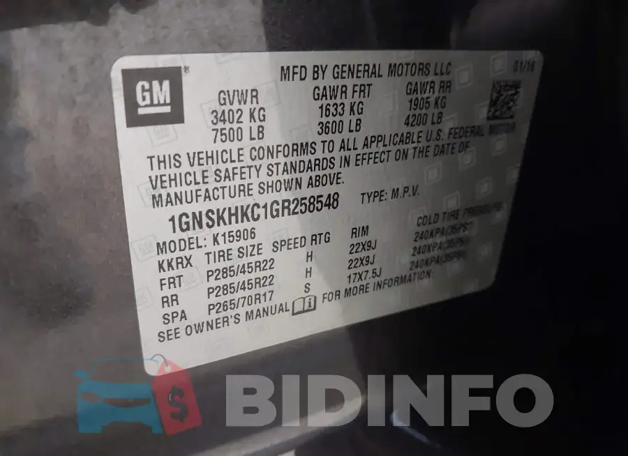 1GNSKHKC1GR258548 Photo# 9