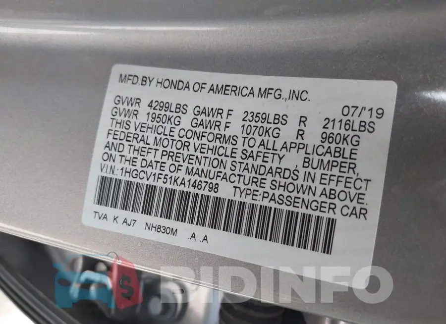 1HGCV1F51KA146798 Photo# 9