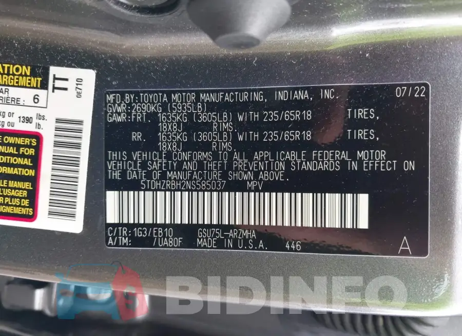 5TDHZRBH2NS585037 Photo# 9