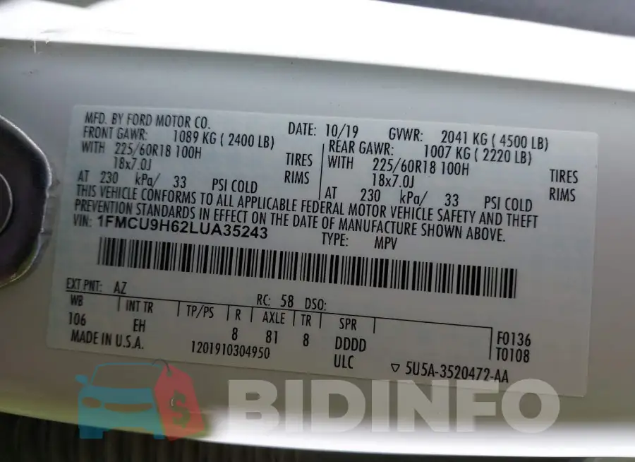 1FMCU9H62LUA35243 Photo# 9