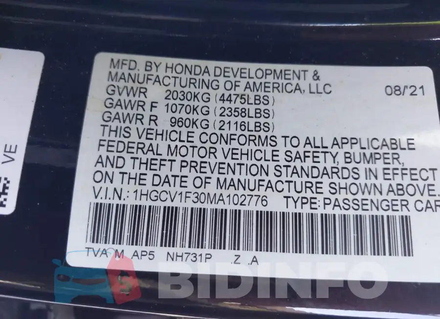1HGCV1F30MA102776 Photo# 9