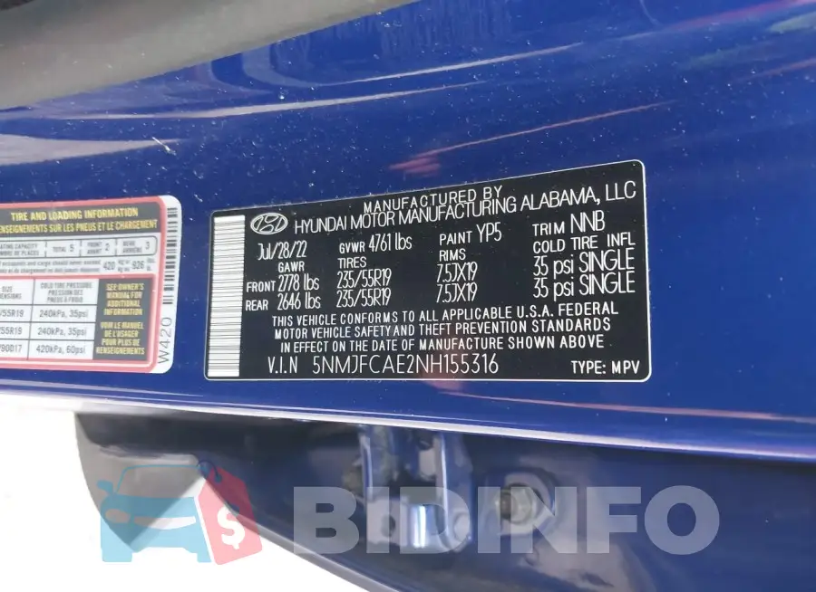 5NMJFCAE2NH155316 Photo# 9