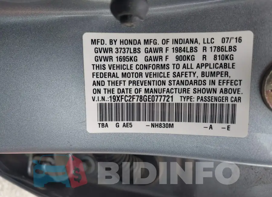 19XFC2F78GE077721 Photo# 9