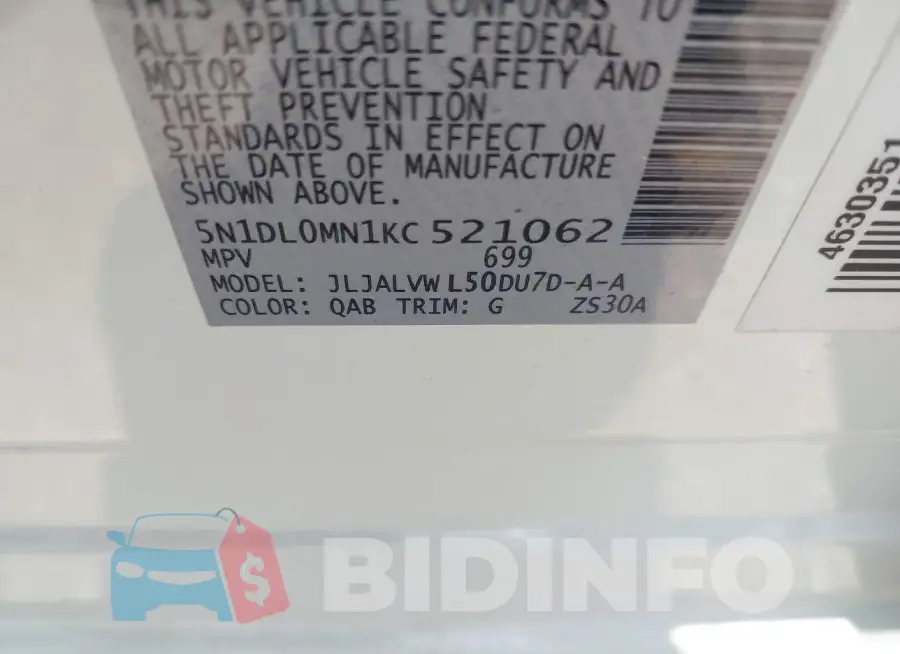 5N1DL0MN1KC521062 Photo# 9