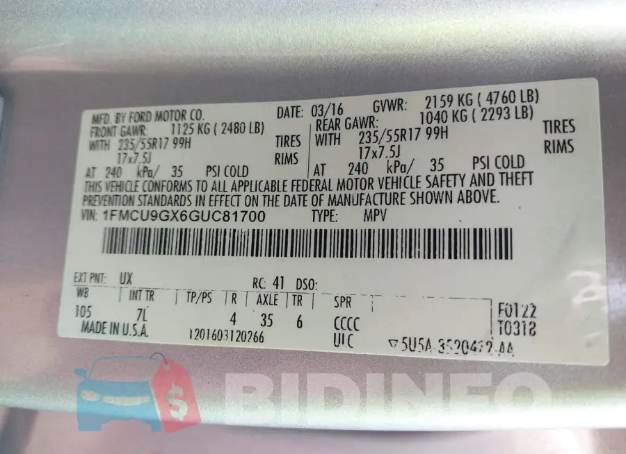 1FMCU9GX6GUC81700 Photo# 9