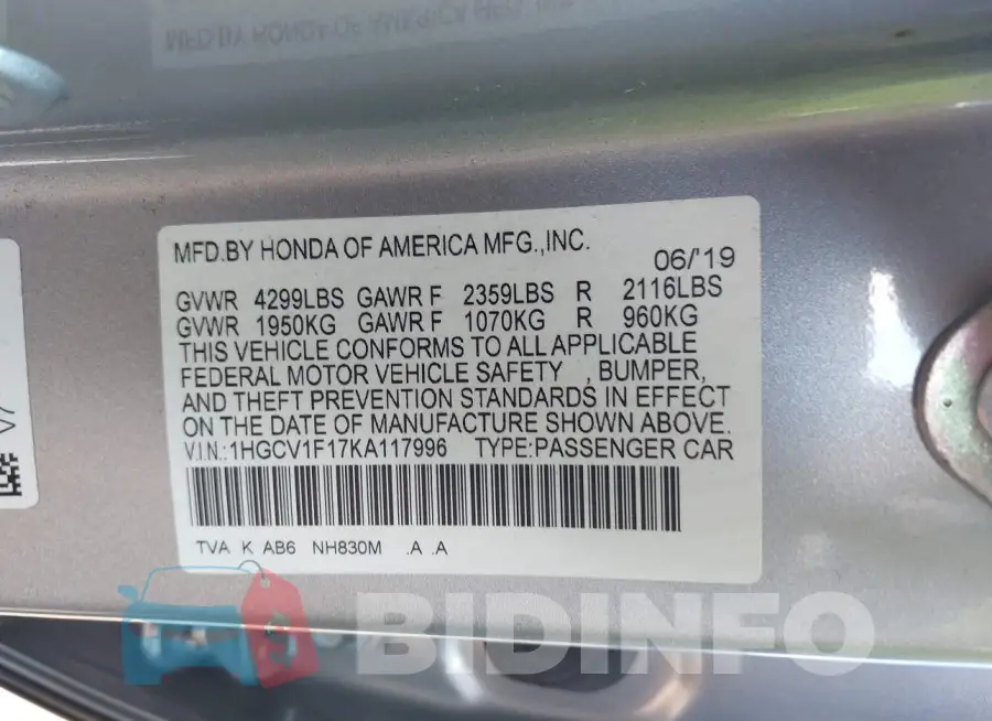 1HGCV1F17KA117996 Photo# 9