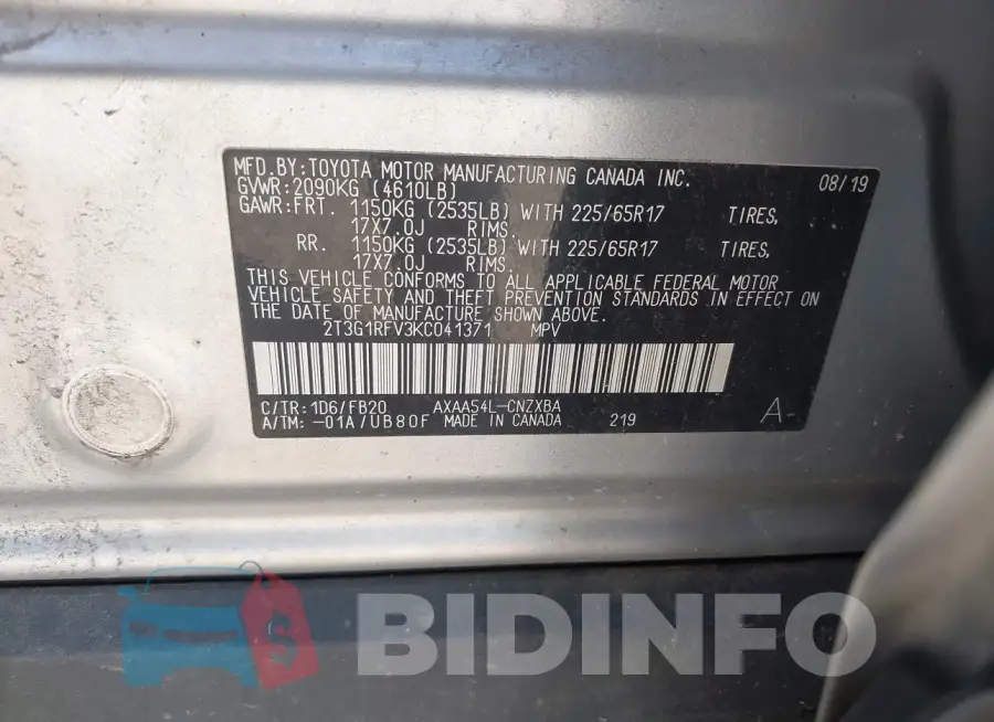 2T3G1RFV3KC041371 Photo# 9