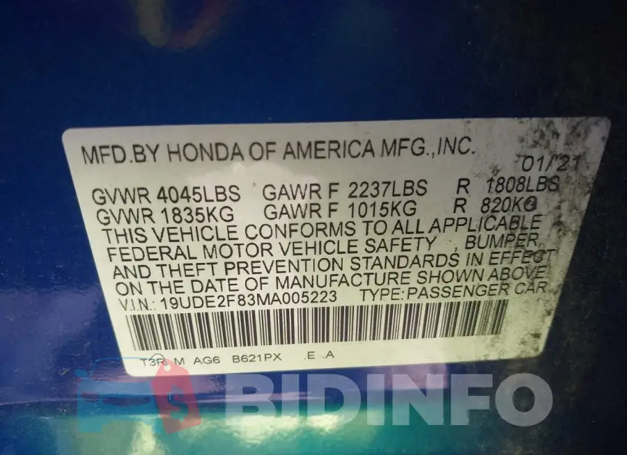 19UDE2F83MA005223 Photo# 9