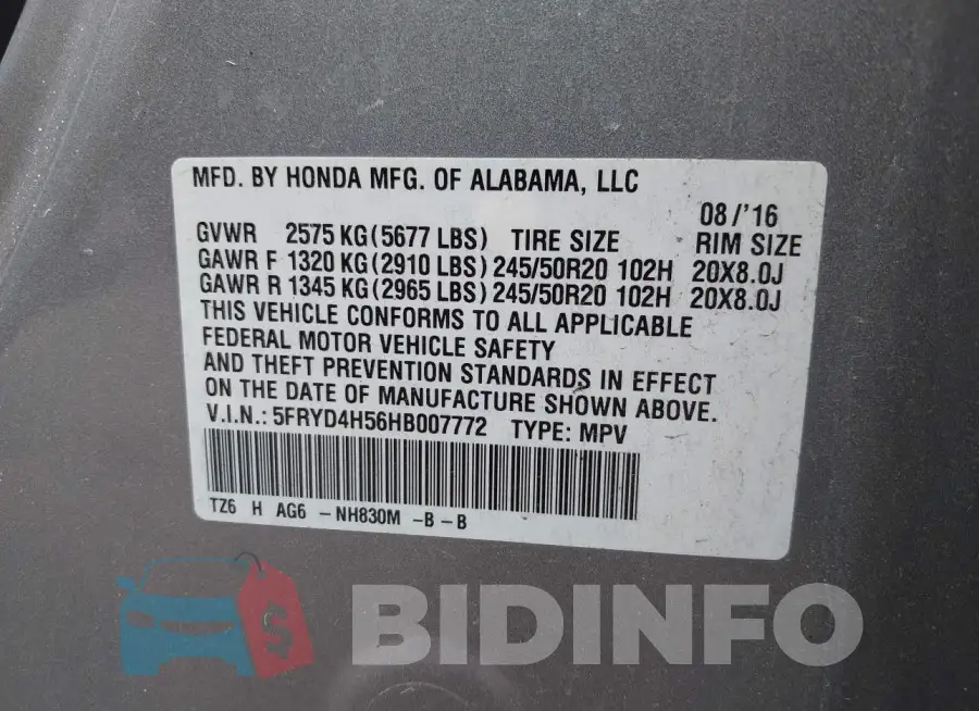5FRYD4H56HB007772 Photo# 9