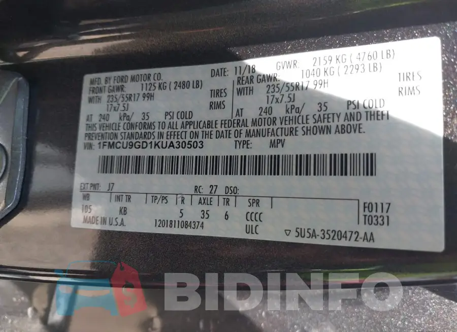 1FMCU9GD1KUA30503 Photo# 9