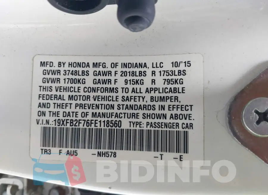 19XFB2F76FE118560 Photo# 9