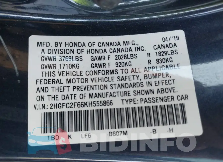 2HGFC2F66KH555866 Photo# 9